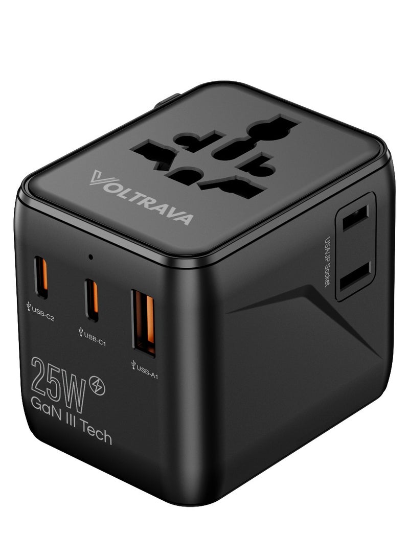 Voltrava Universal Travel Plug Adapter with 2 AC Outlets, PD 25W Fast Charging, Dual USB-C & USB-A Ports – International Multi Plug Power Adapter for Worldwide Travel, Compatible with US UK EU AU Asia – Compact All-in-One Travel Charger - Black - Image 1